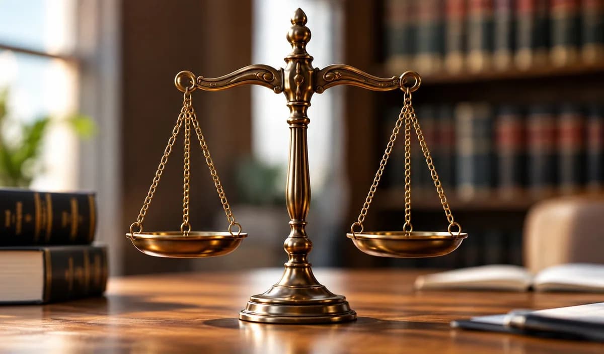 Une balance de justice posée dans une bibliothèque de droit