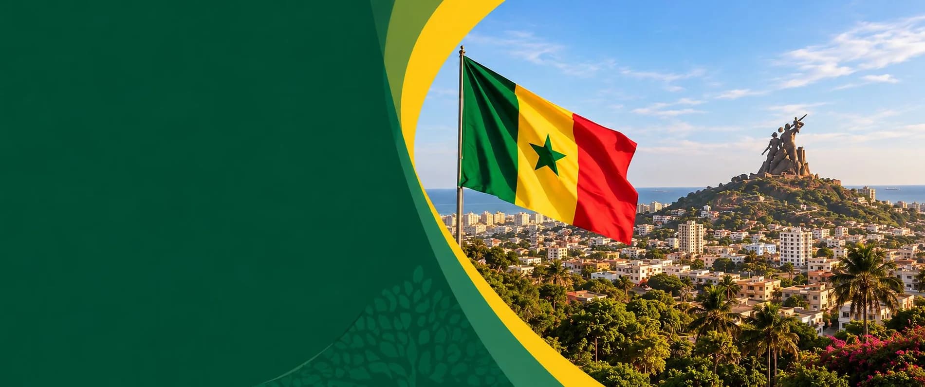 Le drapeau du Sénégal flottant au-dessus de Dakar et du Monument de la Renaissance africaine