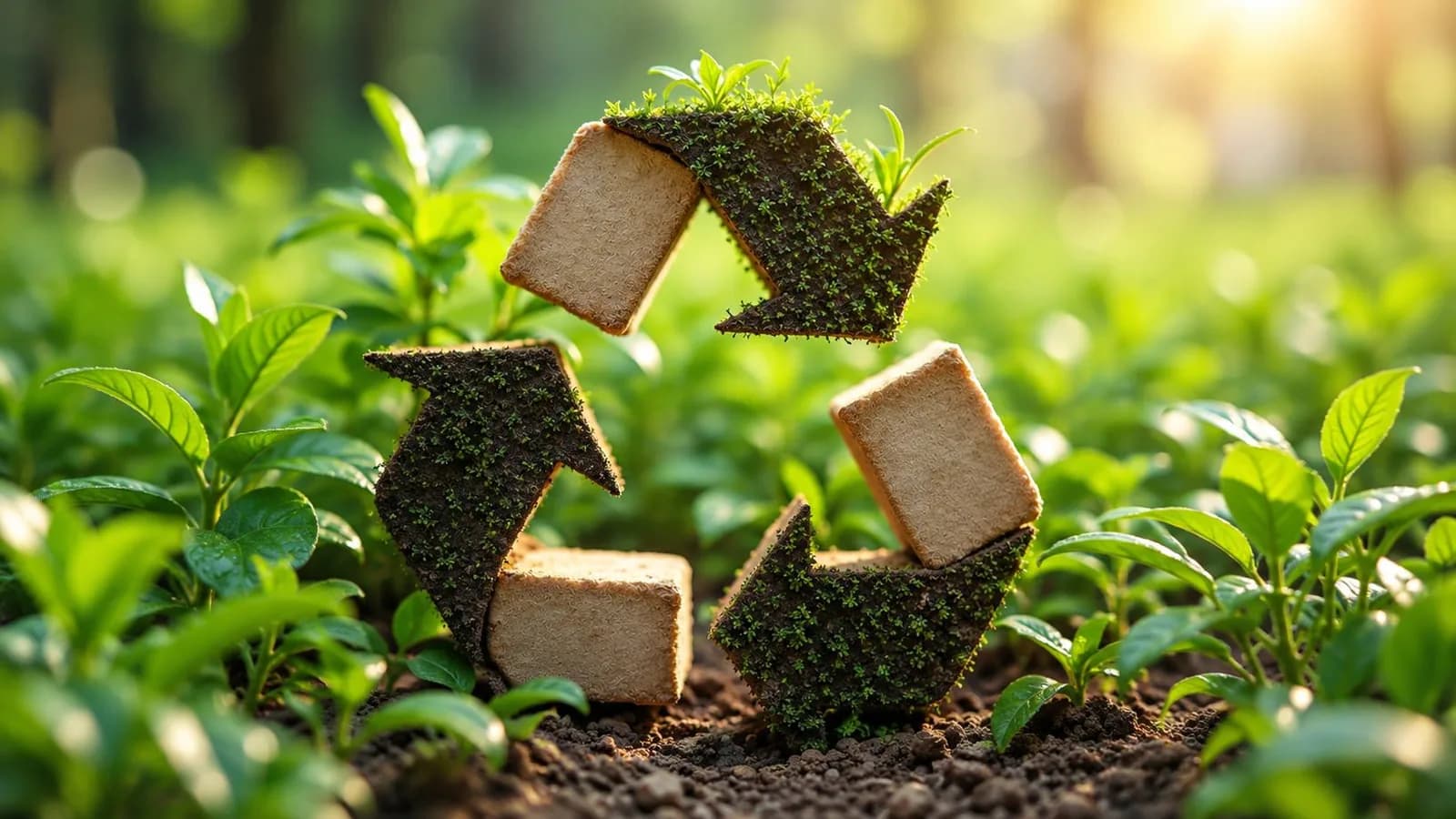 Symbole du recyclage posé sur des jeunes pousses